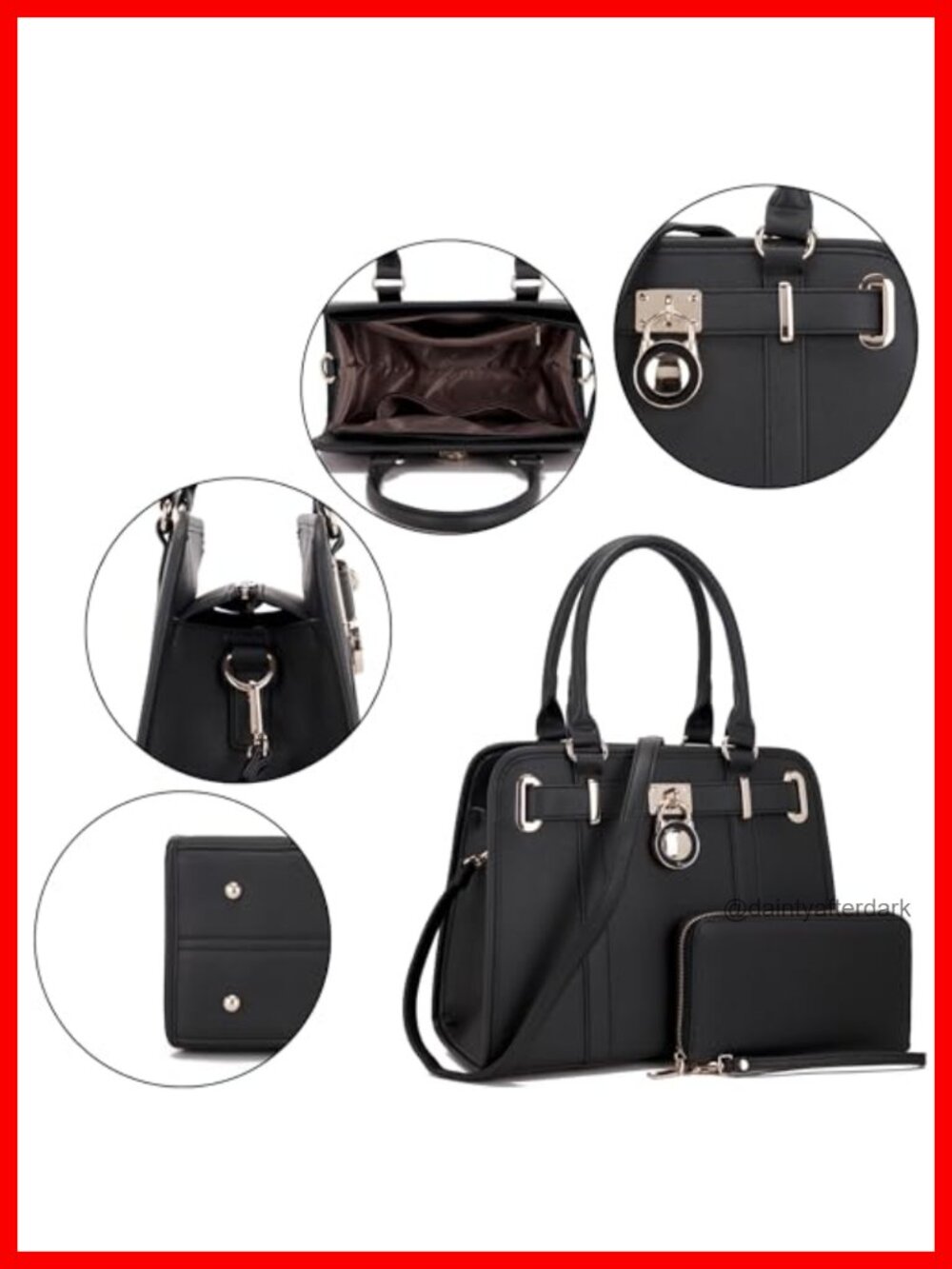 Vegan Leather Structured Satchel Tote Handbag Set with RFID Blocking Wallet - Picture 6 of 6